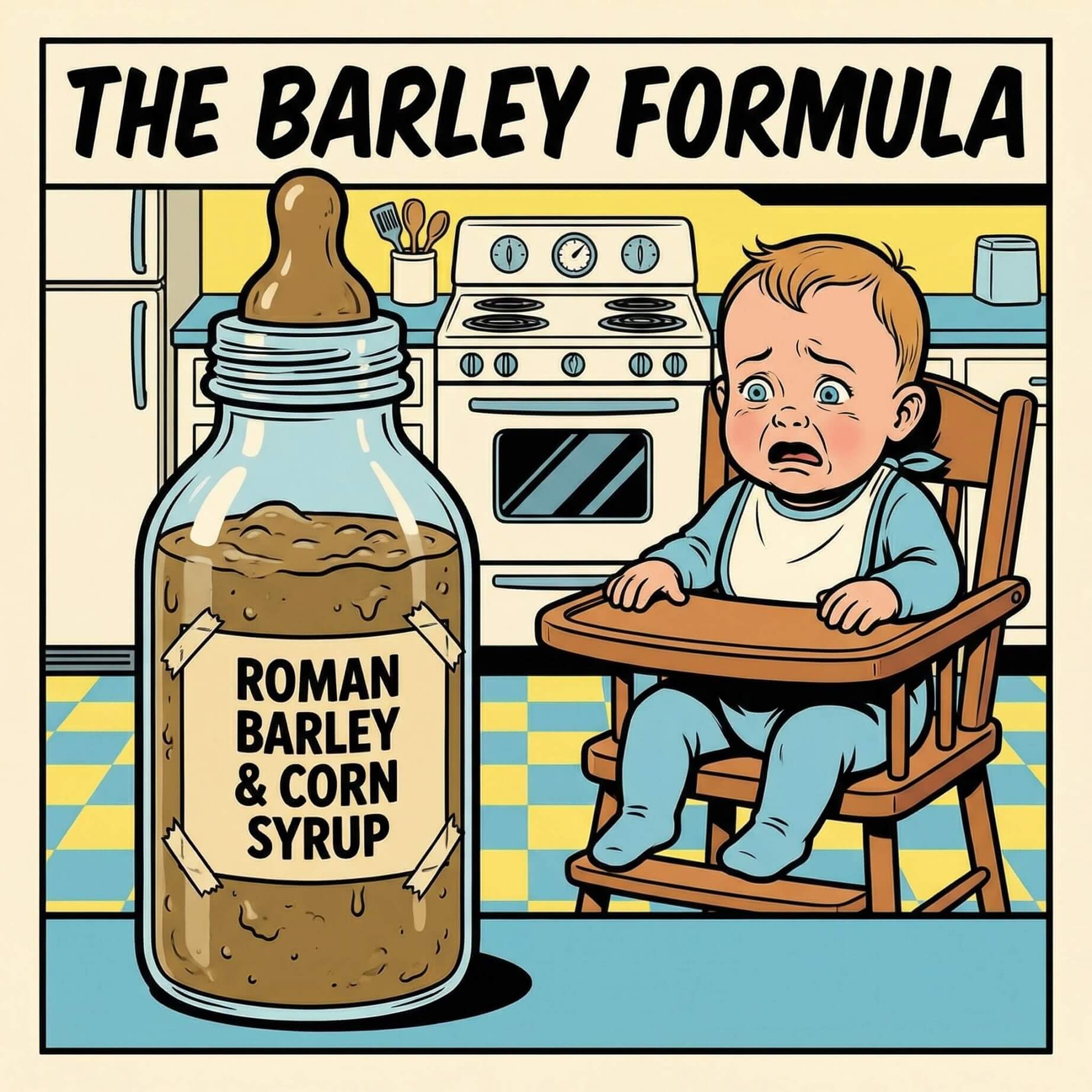 The Barley Formula - baby with roman barley and corn syrup bottle